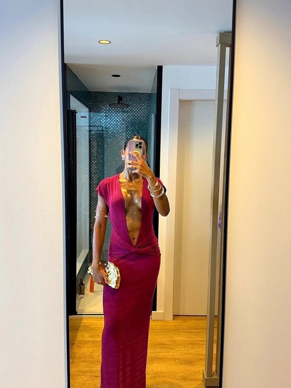 LAUVE Magenta Twist Plunge Maxi Dress